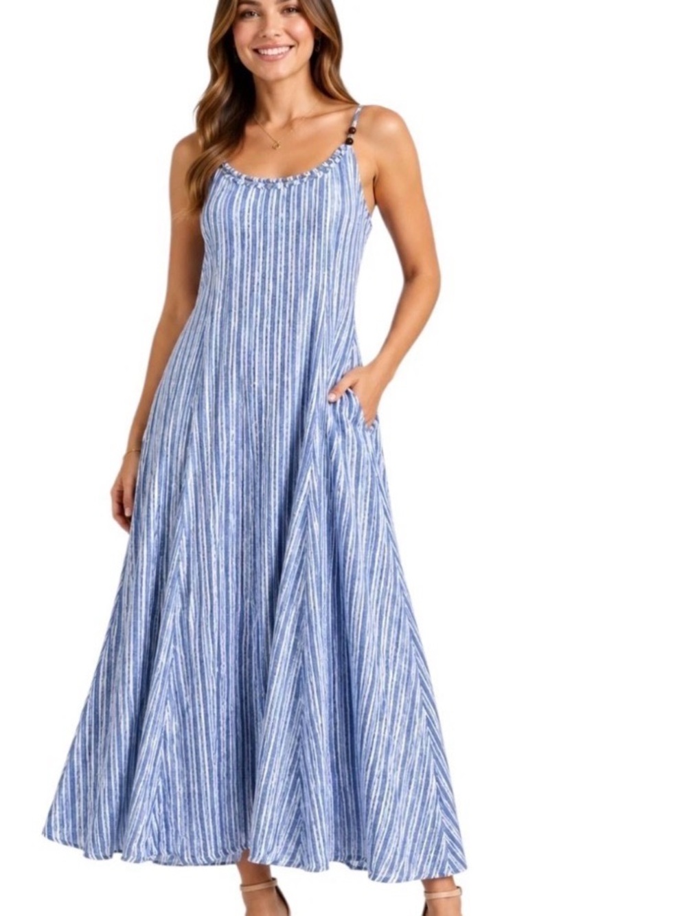 Calypso St. Barth Blue and White Striped Midi Slip Dress